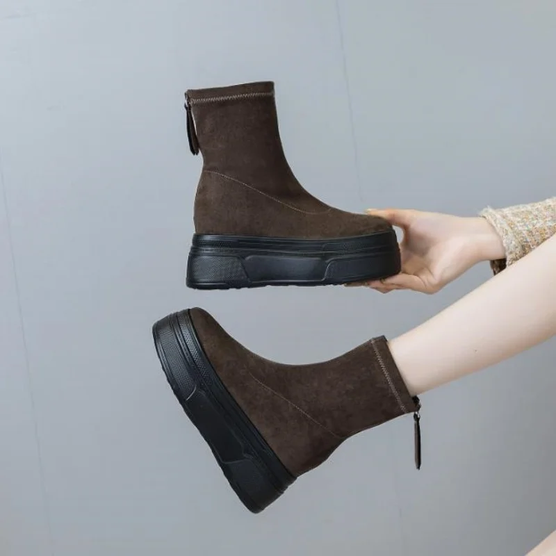 8.5cm Synthetic Stretch Fabric Suede Leather Ankle Booties Wedge Flats Comfy Spring Women Loafer Autumn Platform Shoes 34-39