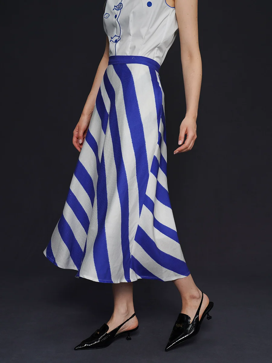 

Spring Summer Original Design French Retro Blue White Striped Skirts