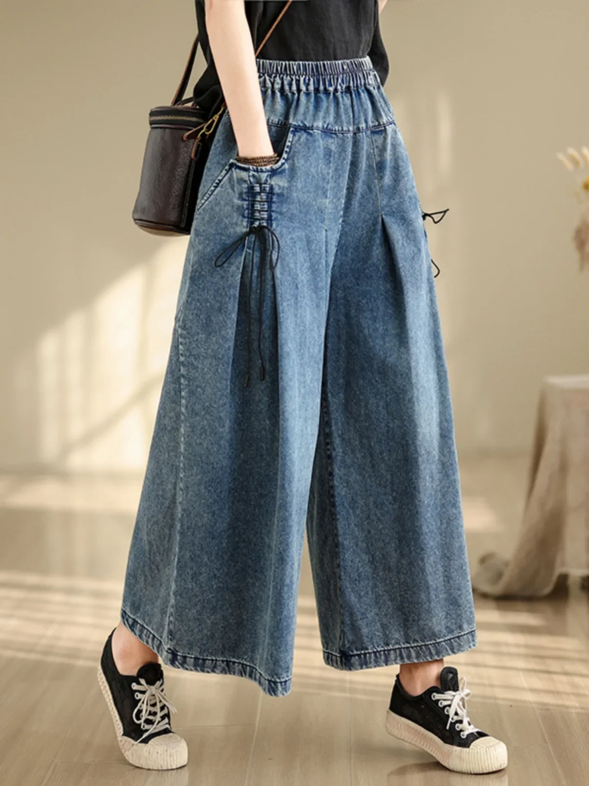9712 Baggy Jeans for Women 2025 New Arrival Spring Fashion Wide Leg Denim Pants Elastic Waist Loose Casual Ankle Length Trouser