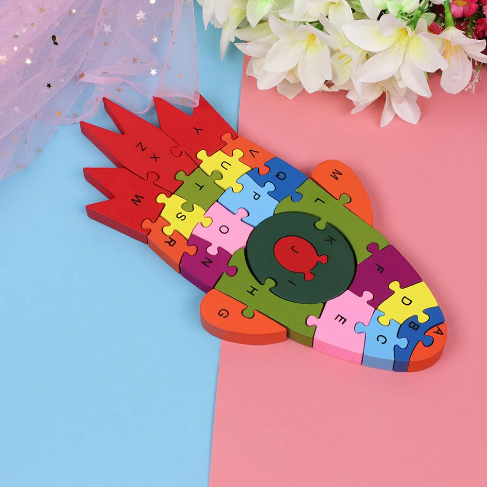 Drewniane puzzle z 26 literami alfabetu, rakieta, kolorowe klocki, edukacyjne gry logiczne dla dzieci, kreatywność, koordynacja, prezent.