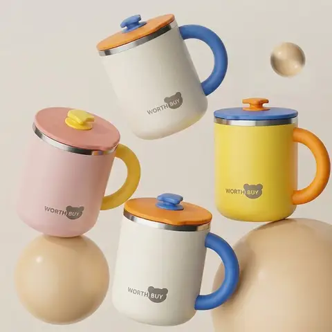 304 Stainless Steel Thermal Coffee Mug With Lid Handle Double Wall Insulated Tumbler Kawaii Kids Milk Water Cup Travel Drinkware