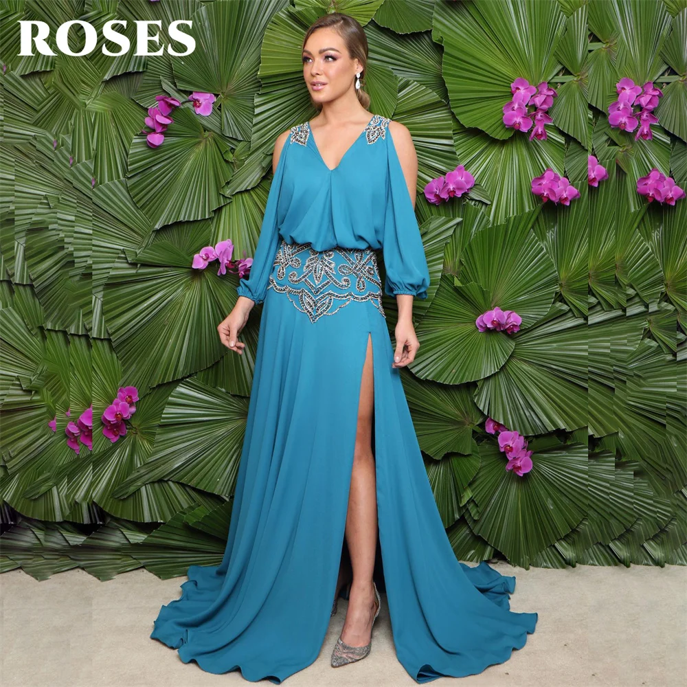 

ROSES Blue V Neck Elegant Sexy Wedding Party Dress Chiffion Embroidery Celebrity Dresses Special Occasion Dresses robes du soir