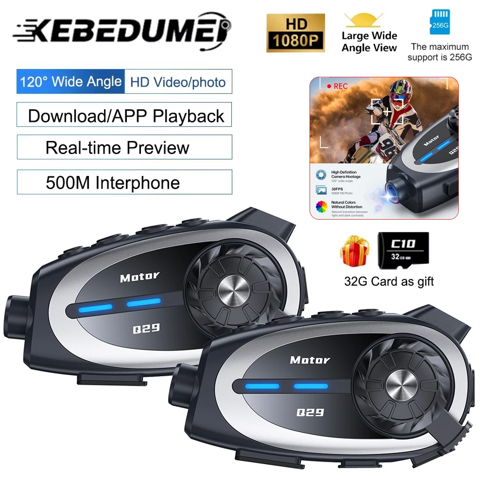 

Q29 Motorcycle Intercom Helmet Dash Cam Headsets 1500mAH Handsfree Communicator WiFi Video Record 1080P HD Waterproof Interphone