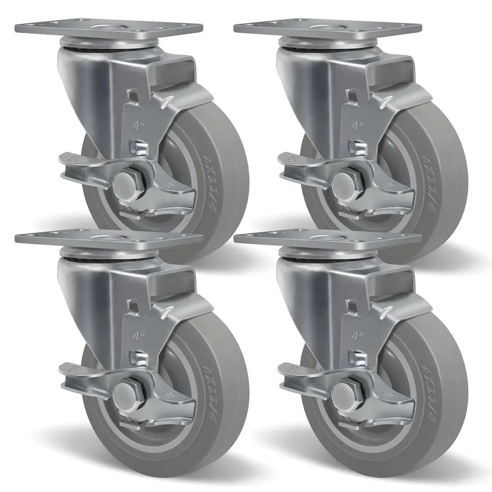 

4 Caster Wheels, Industrial Casters, Heavy Duty Set of 4, Non-Marking Rubber, 4 Brake, 1200 lbs Capacity