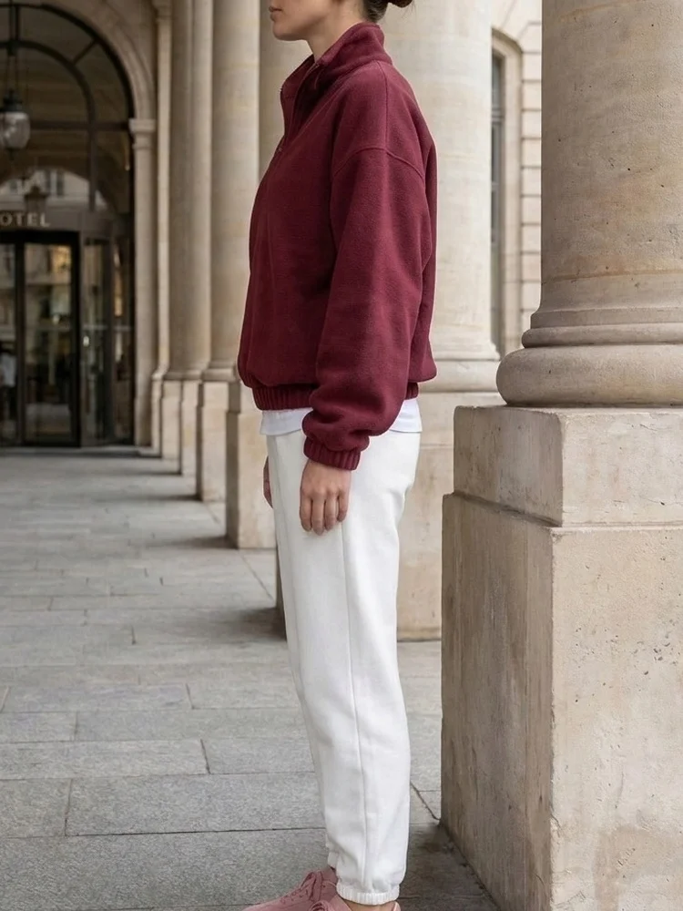 Tossy Fleece Half Zip Sweatshirt Long Sleeve Mock Neck Drop Shoulder Ribbed Cuff Ribbed Hem Oversized Daily Street Sweatshirt