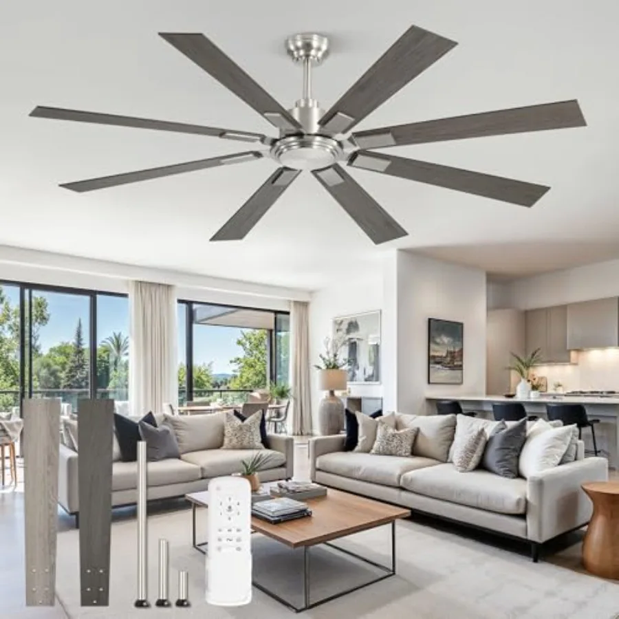 

65 Inch Brushed Nickel Modern Ceiling Fan No Light with Remote Outdoor Ceiling Fans Without Light with Quiet Reversible DC Moto