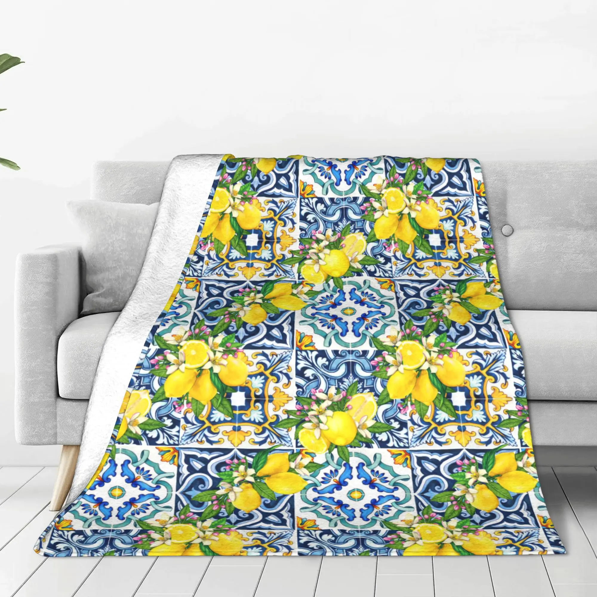 Bright Mediterranean Sicilian Tiles with Citrus Lemons Blanket Flannel Sofa Throw Blanket for Home Bedroom Outdoor Quilt