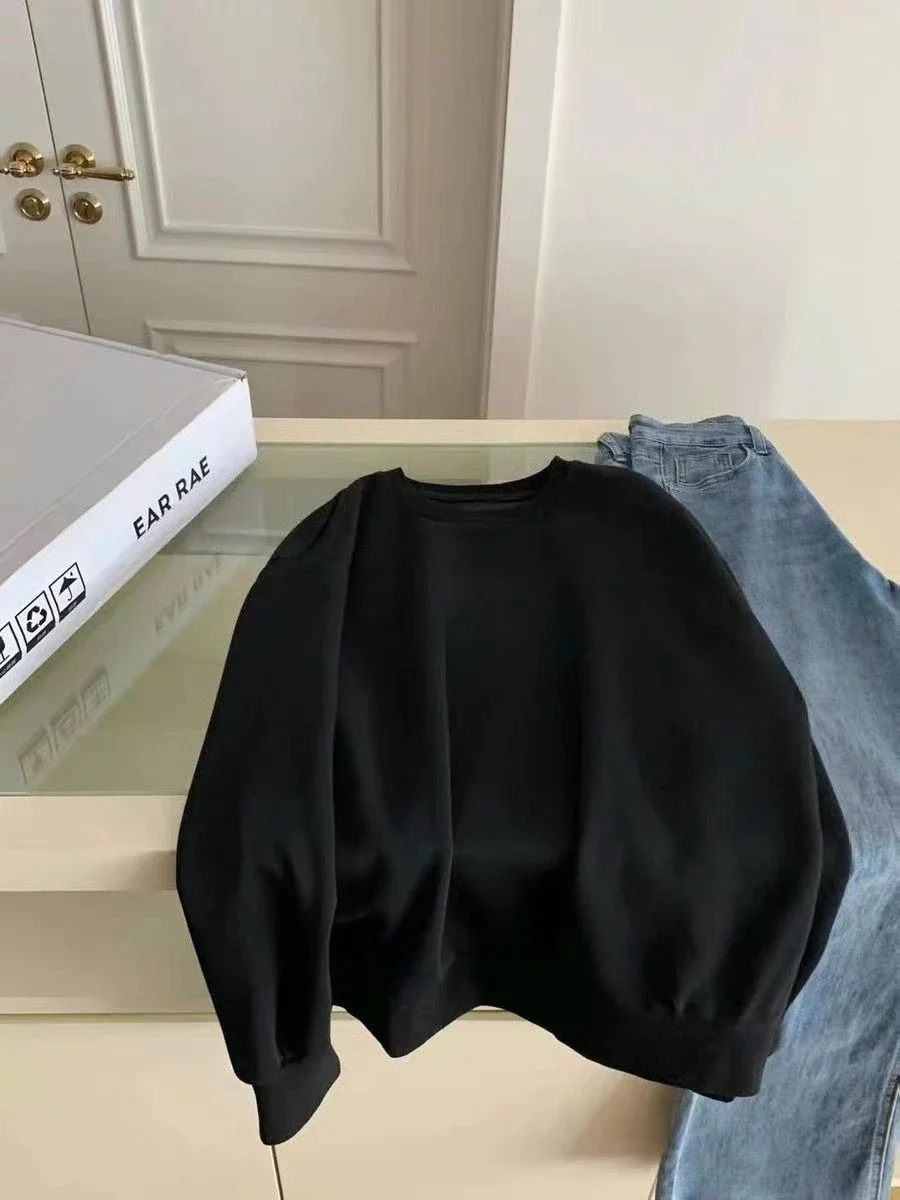 Damska bluza na jesień 2025, gładka, z okrągłym dekoltem, luźna, oversize, unisex, wygodna, codzienna bluza w stylu streetwear.