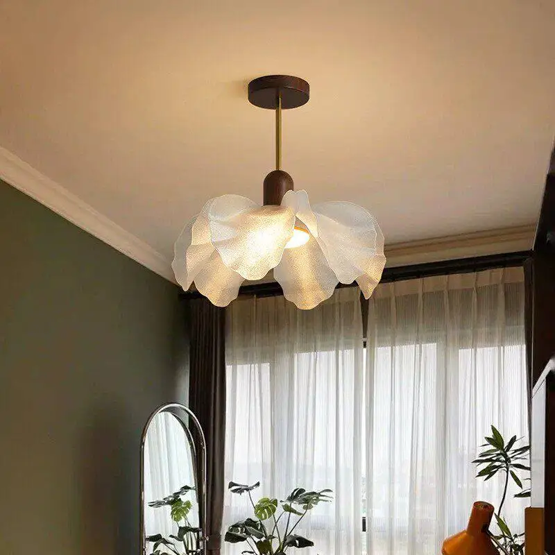 French Retro Style Bedroom Dining Room And Living Room Flower-Shaped 3D Printed Plastic Petal Chandelier Store Lamp E27 Bulb