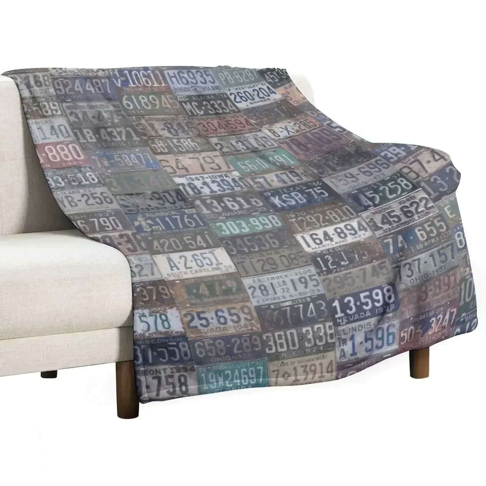 

Vintage USA License Plates Throw Blanket Stain Resistant Cozy Warm Blanket
