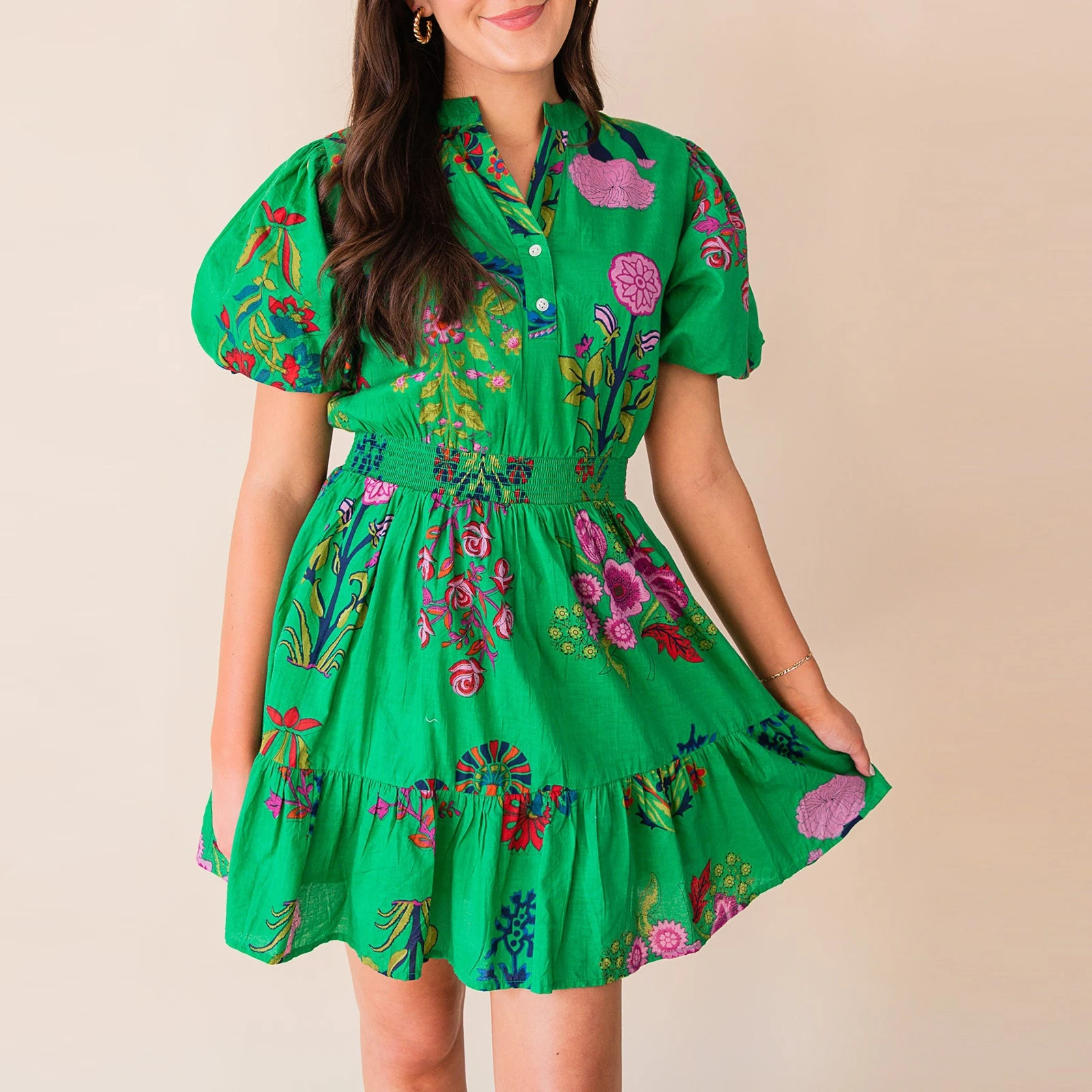 Fashionable Printed Beach Dress Short Sleeve High Waist Short Dress Bubble Sleeve Print Design Stylish Summer Dress for Women