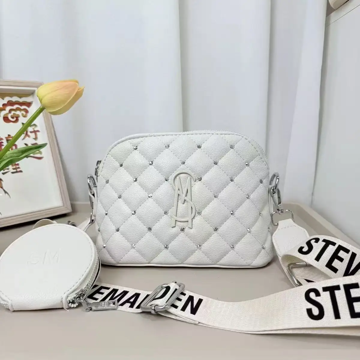 High quality Steve Madden2026 new diamond grid camera bag, women's luxury crossbody bag, casual shoulder bag