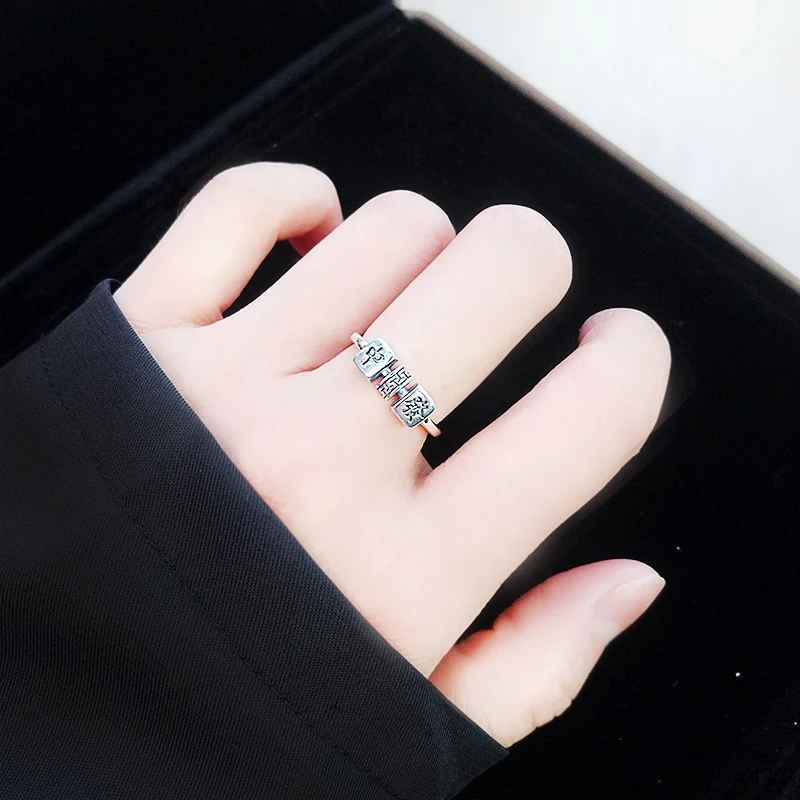 WYEAIIR 925 Sterling Silver Retro Thai Silver Cute Mini Mahjong Fine Jewelry Luxury Resizable Opening Female Ring