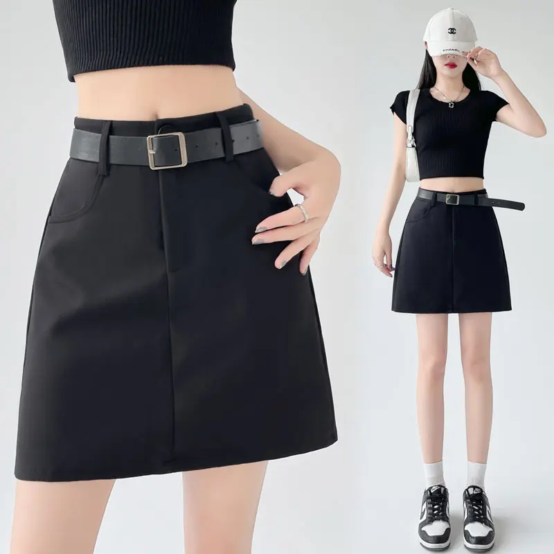 

2024 Summer New Short Skirt Women's Korean Edition Pure Black Fashion Versatile Slimming High Waist Skirt Anti Shining