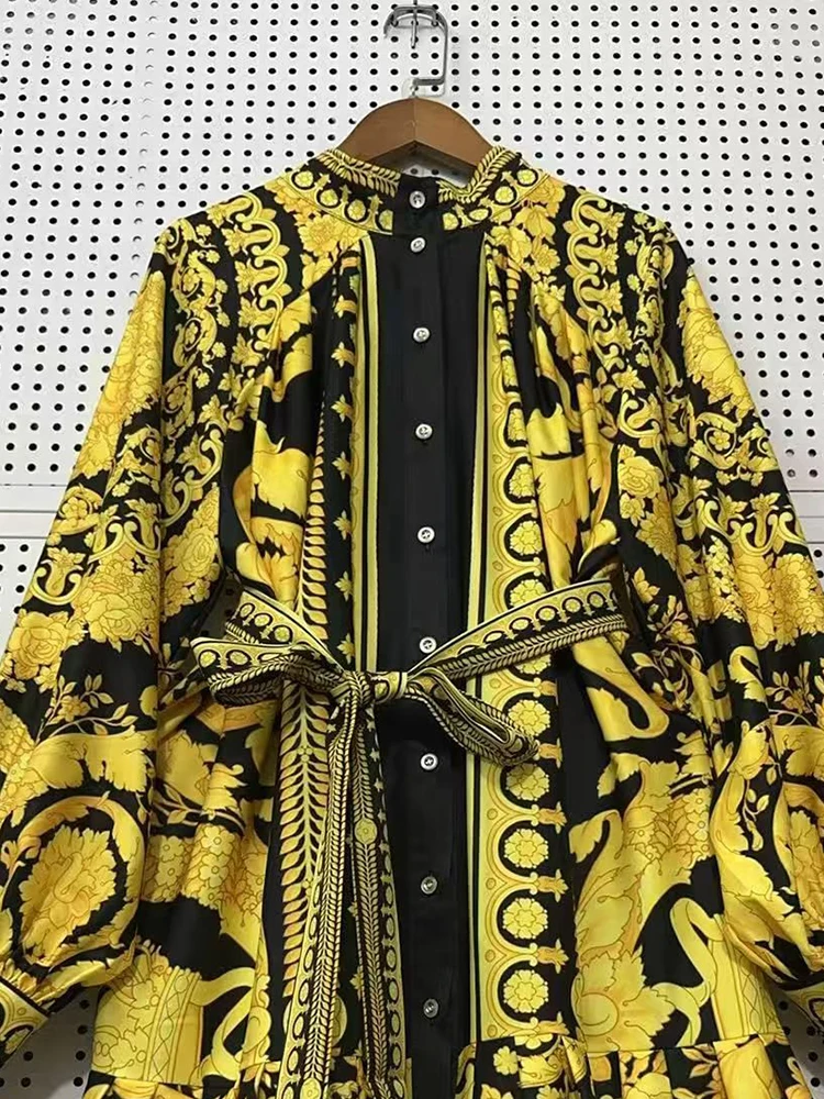 في خريف 2025، فستان قميص ملابس نسائية، فستان خصر مطبوع بمناظر طبيعية قديمة، تنورة منتفخة فضفاضة عصرية