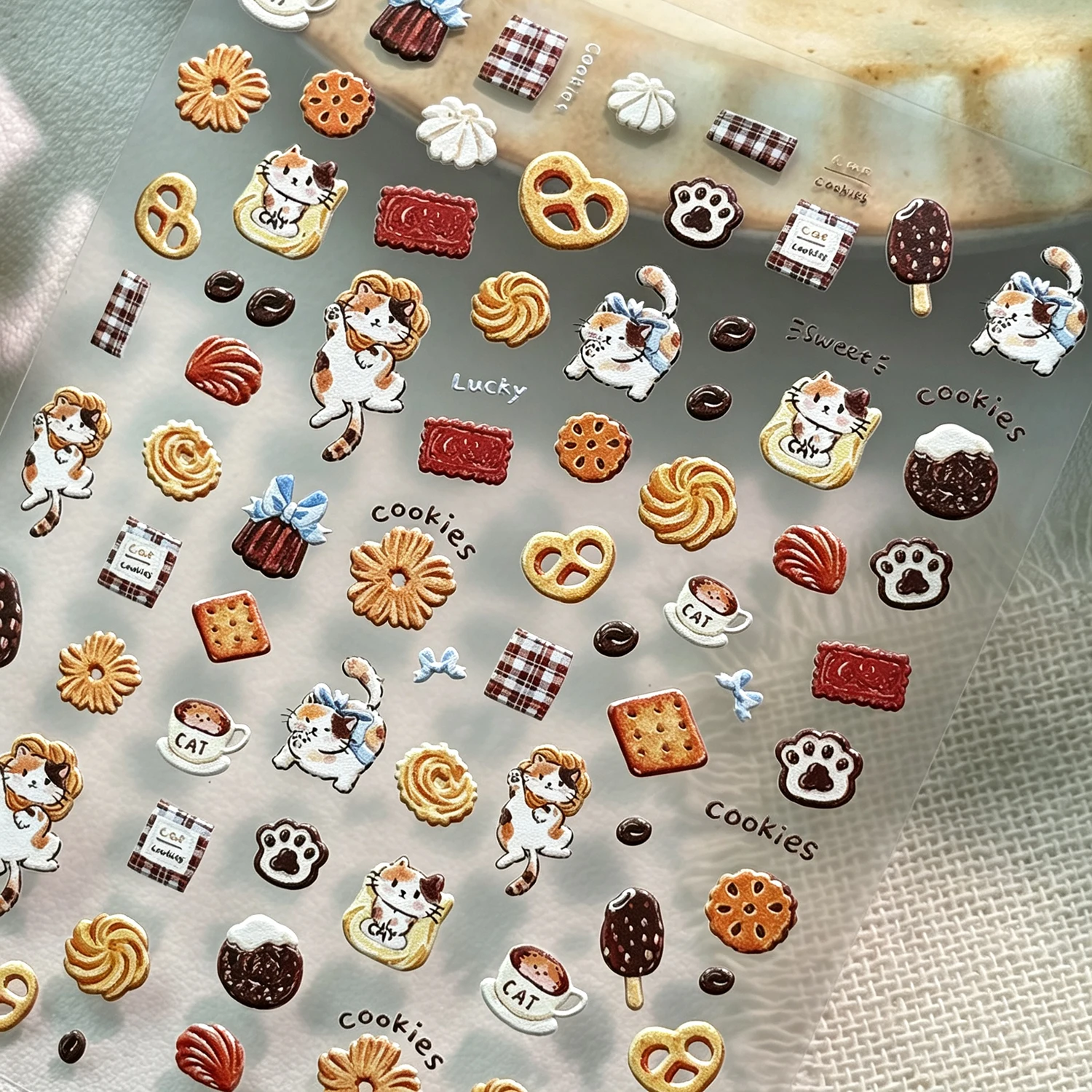 Autumn Winter Cute Cartoon 5D Embossed Nail Stickers Cat Cookie Paw Plaid Self-Adhesive Decals Dessert Pattern DIY Manicure Deco