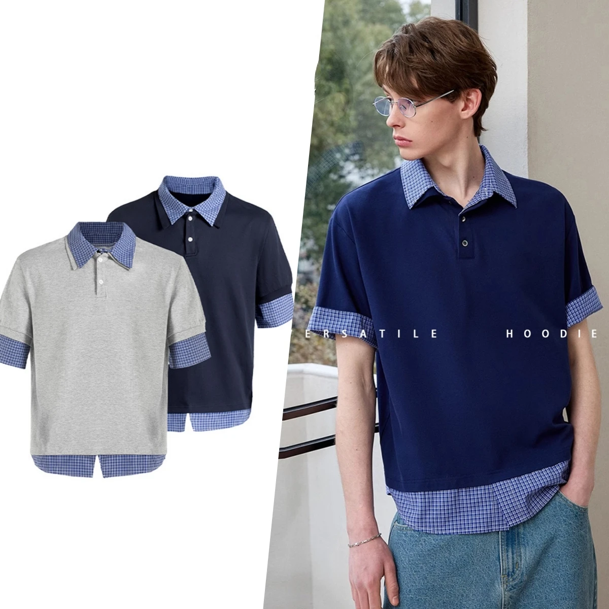 Off Campus Same Style Campus Style Short Sleeves Fake two piece patchwork grid polo collar short
