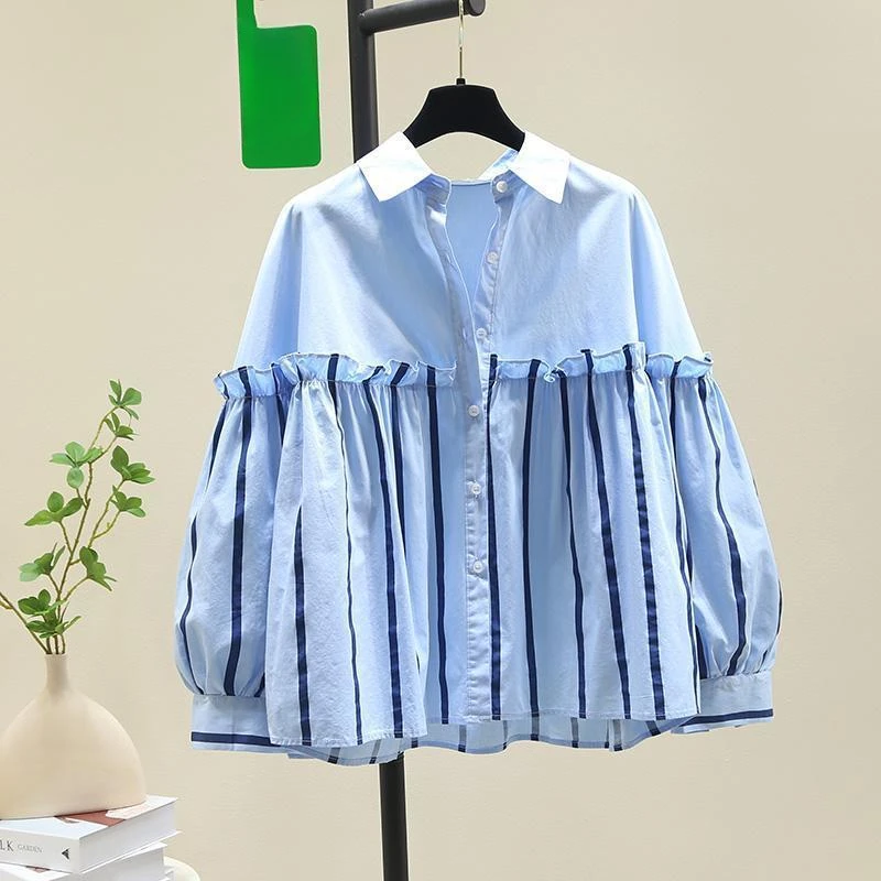 EBAIHUI Lotus Leaf Edge Splicing Long Sleeved Shirt Women's Blue Striped Simple Ladies Chic Top Korean Loose Casual Clothing