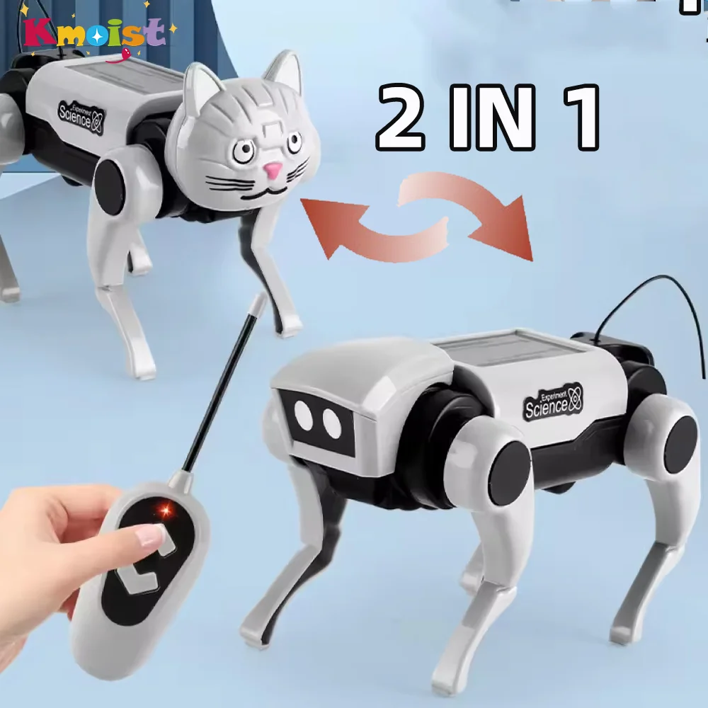 Diy montado solar 2 em 1 robô mecânico cão gato ciência e educação das crianças brinquedos educativos elétricos para crianças presentes