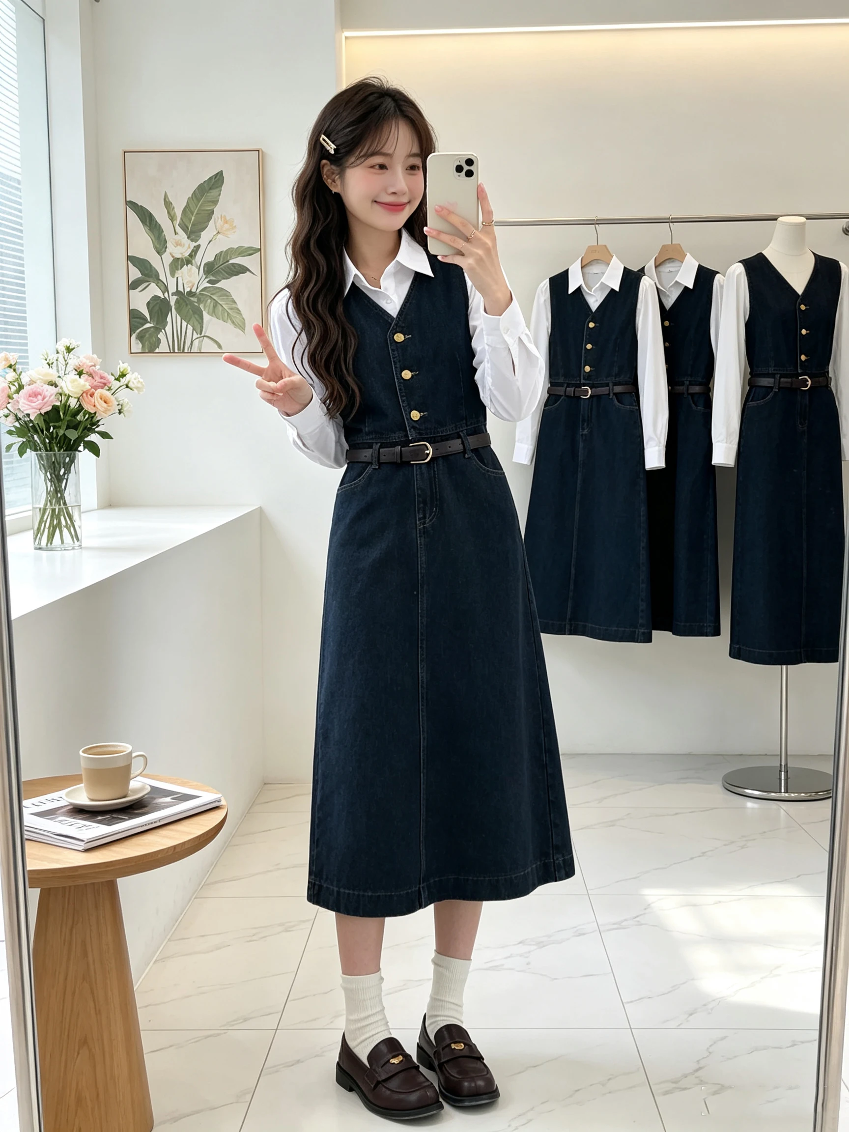 Retro Korean Washed Denim Vest Dress Women's Autumn Elegance Layered Shirt Two-Piece Set High-End Feelings Fashion Ensemble