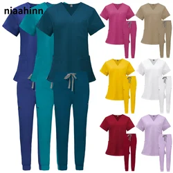 Multicolour Pet Grooming Doctor Scrubs Uniforms Jogger Suits Short Sleeved V-neck Tops Pocket Pants Nursing Sets Medical Clothes