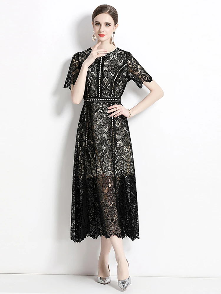 2023 Fashion Runway Summer Short Sleeve Lace Dress Women O-Neck Water Soluble Lace Embroidery Hollow Out Black Dress N6922