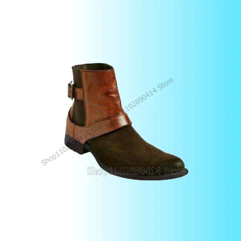 

Brown Patchwork Belt Fastener Decor Ankle Boots Fashion Slip On Men Shoes Luxury Handmade Party Banquet Office Men Casual Shoes