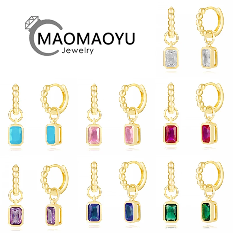 

925 Sterling Silver Ear Needle Fashion Rectangular multi-color zircon pendant Hoop Series gold Earrings for Women Jewelry Gift