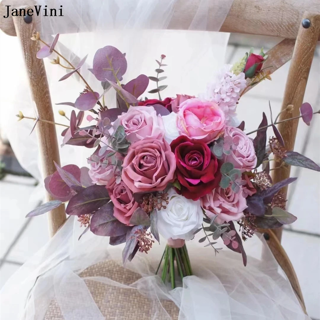 JaneVini 2024 Newest Design Charm Flor Wedding Bouquet for Bride Synthetic Rose Pink Artificial Photography Bridal Hand Flowers