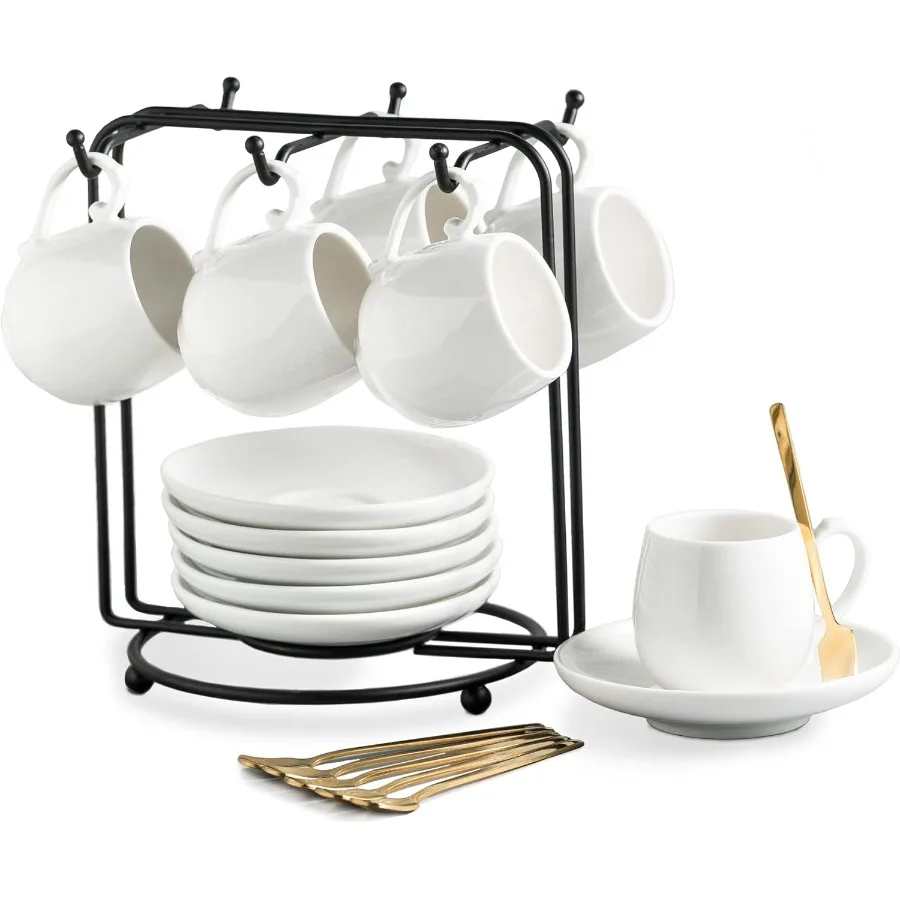 

Espresso Cups with Saucers Set 3 Ounces Coffee Cups with Metal Stand and Spoons Ceramic Cappuccino Coffee Cups Demitasse Cups f