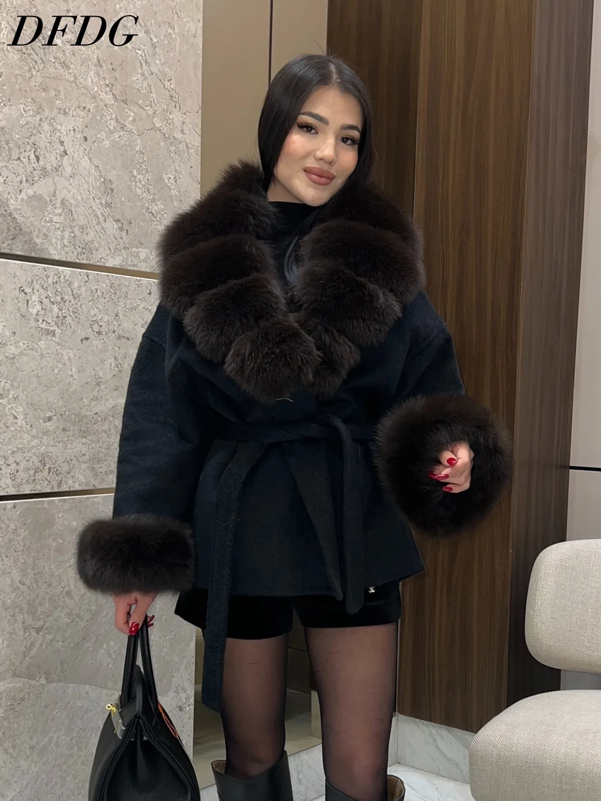 DFDG Women 2026 Wool Blend Short Coat Large Faux Fur Collar Cuffs Belted Waist Loose Thick Warm Elegant Winter Outerwear Coat