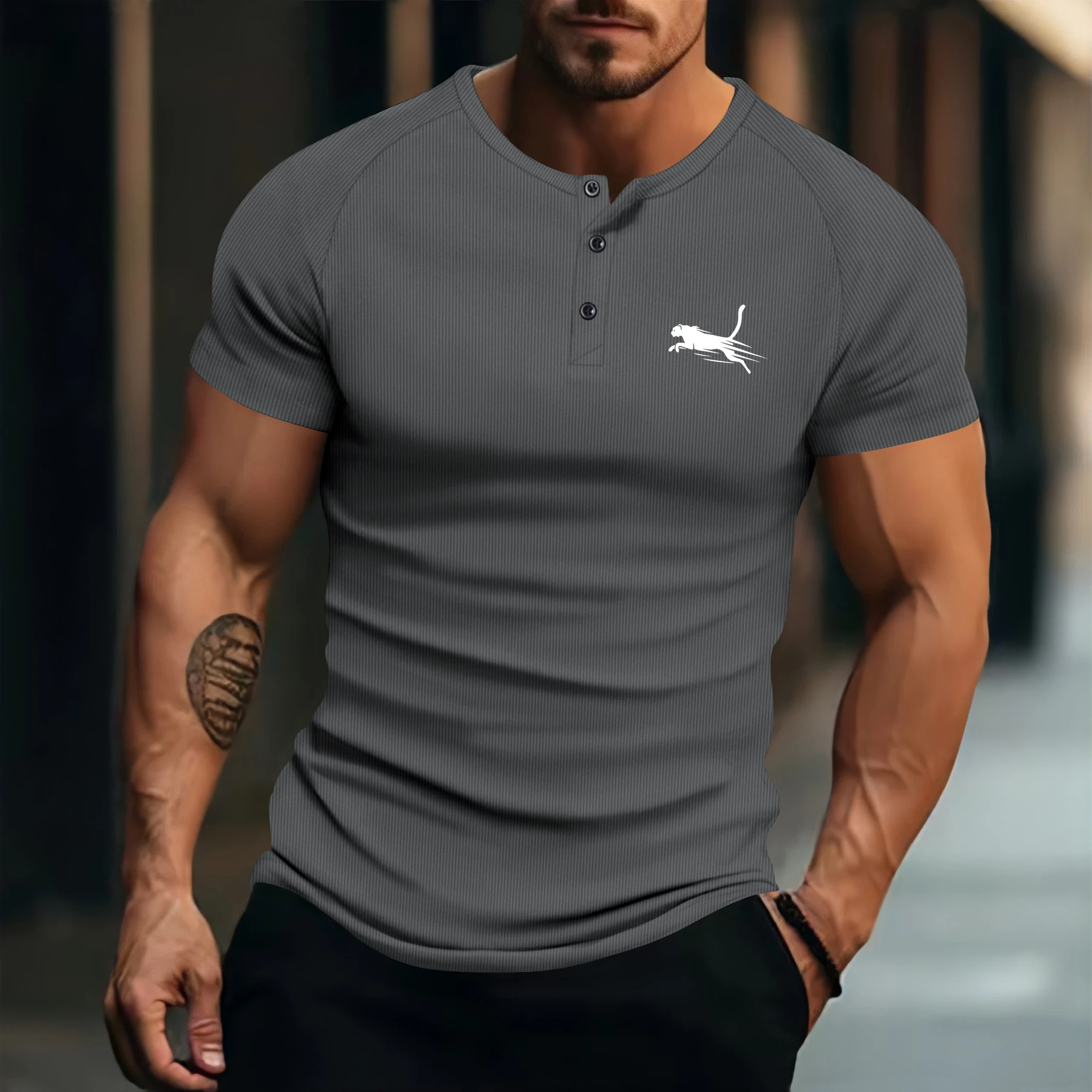 Męska koszulka polo w jednolitym kolorze z guzikami i okrągłym kołnierzem z nadrukiem, nowy letni styl 2025, moda, casual, sport.