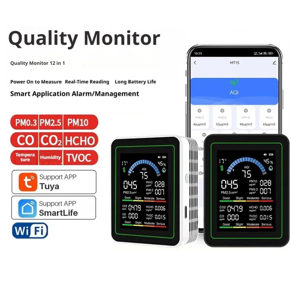 Smart Air Quality Monitor CO2 Monitor Formaldehyde Detector PM2 5 Gas Analyzer Temperature Humidity Tester Home Detectors 1PCS