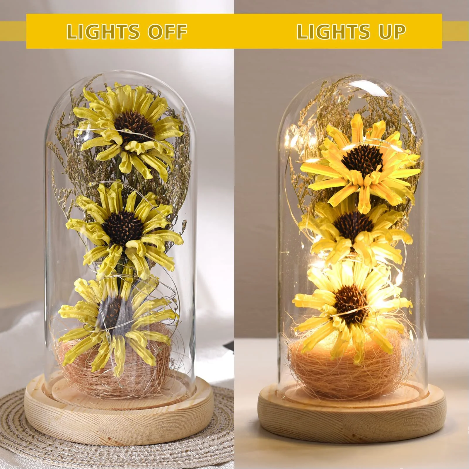 

Sunflower Lamp 3 Sunflower Heads Battery Powered Romantic Log Base LED Yellow LED Sunflower Lamp for Bedroom