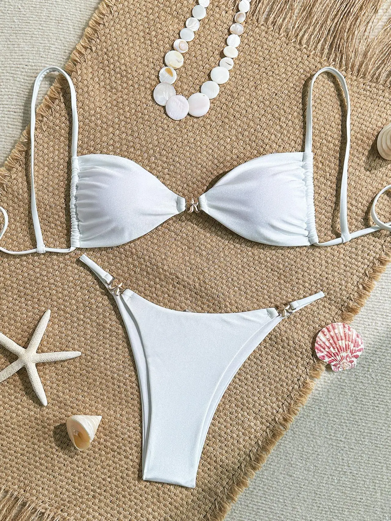Sexy White Bikinis Sets Women Metal Starfish Pleate Push Up Bra Thong Swimsuit 2026 Summer Bathing Suit Micro Swimwear Biquini