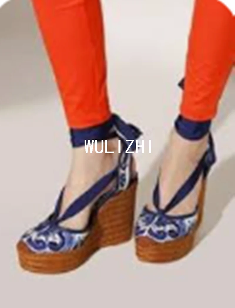 Women Woven Wedge Sandals Blue White Flower Print Graffiti Straw Butterfly Hollow High Heels Ankle Ribbon Wrapping Casual Shoes