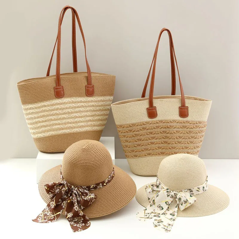 Two-piece Set of Straw Hat and Bag Women's Large Capacity Shoulder Bag Summer StrawWoven Basket Handbag Luxury DesignerBeach Bag