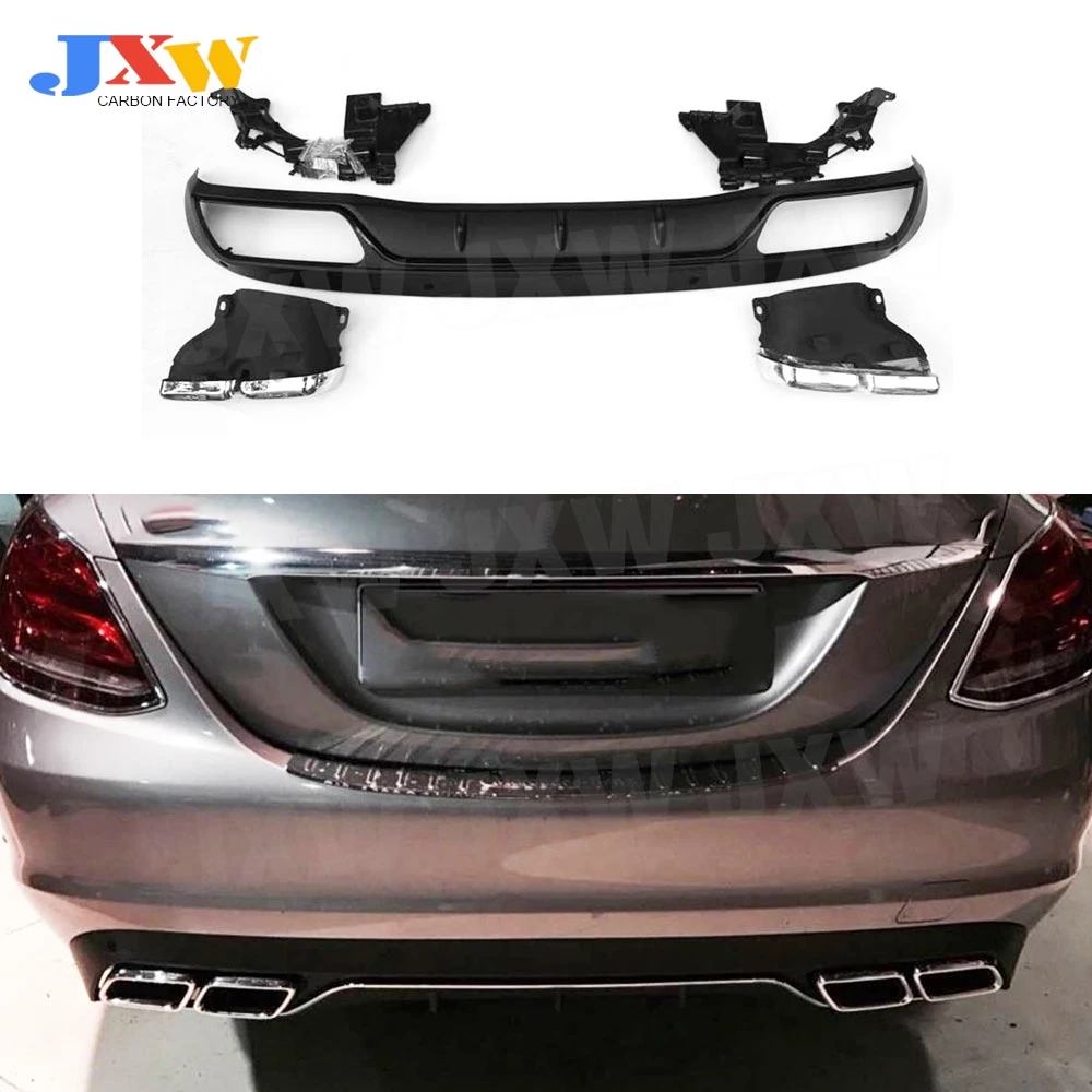 

For C Class PP Rear Diffuser with Exhaust Tips 4 Outlet for Benz W205 4 Door Change to C63 AMG look C63 Only Standard Bumper