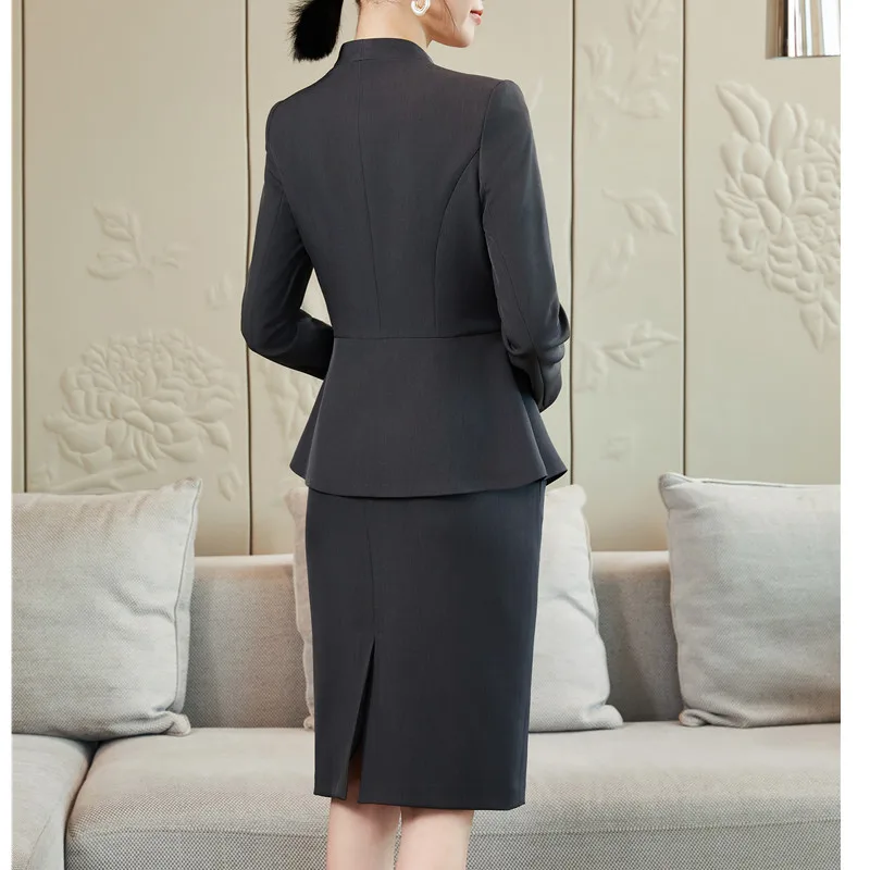 NAVIU-Costumes Slim pour femmes, manches longues, col en V, poitrine cachée, blazer et jupe pour dames de bureau, ensembles de vêtements de travail monochromes, mode 2024, nouveau