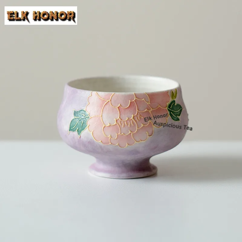 

120ml Hand-panting Purple Smoke Peony Teacup Elegant Tea Bowl Tea Pair Tea-tasting Personal Cup Jianzhan Master Cups Tableware