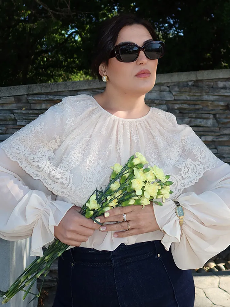 

Lady Lace Lantern Sleeve Shirt Casual Women Long Sleeved Round Neck Loose Top 2025 Summer New Elegant Lady Vacation Street Wear