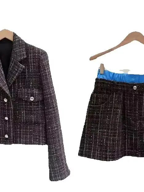 

Fall/Winter Women Plaid Tweed Set Turn-down Collar Long Sleeve Jacket + Contrast Spliced A-line High Waist Pleated Mini Skirt ﻿