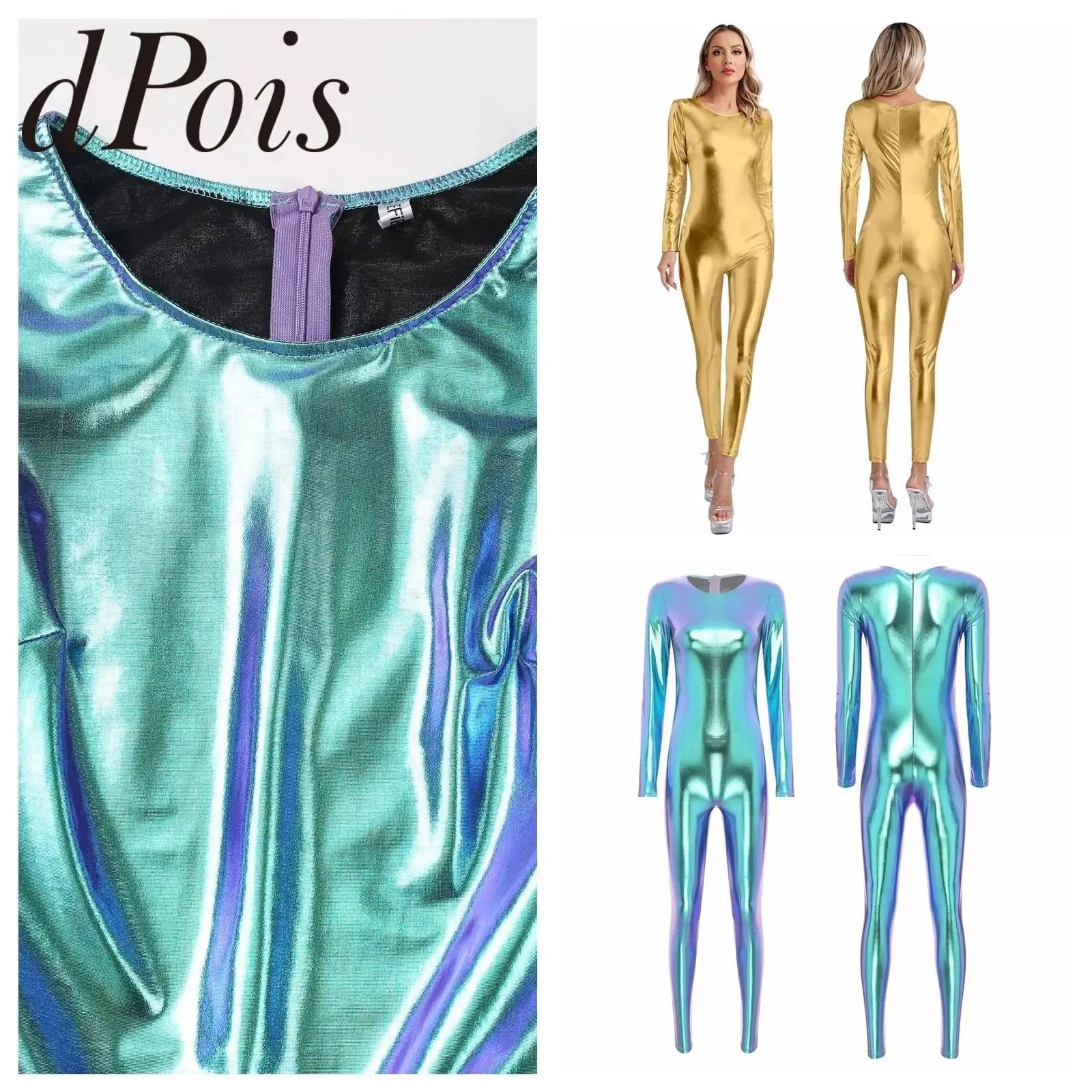 بدلة قفز نسائية معدنية لامعة Unitard Dancewear كم طويل سليم صالح كامل الجسم ارتداءها الجمباز كلوبوير مهرجان ازياء