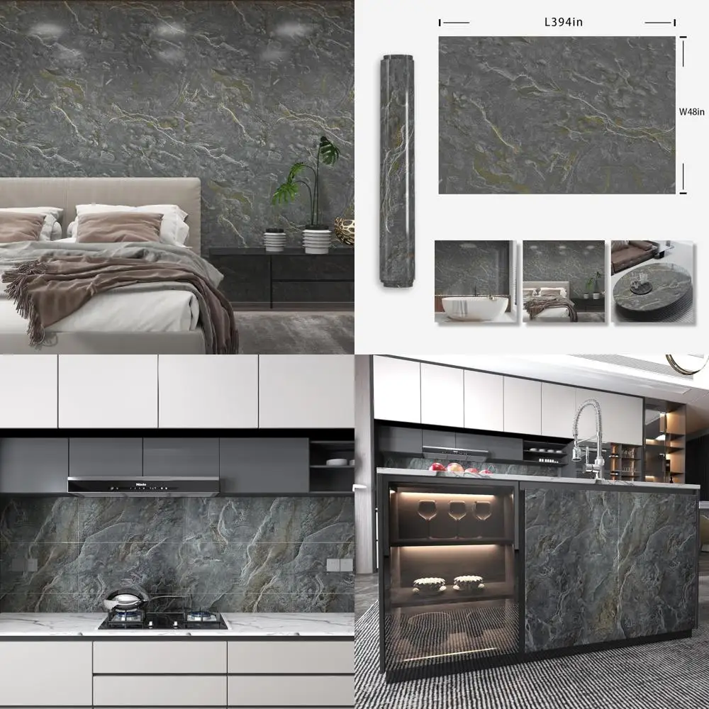 48x394 ورق جدران جرانيت لامع قابل للتقشير واللصق كونترتوب ورق اتصال مقاوم للماء ورق حائط ذهبي رمادي قابل للإزالة للخزائن