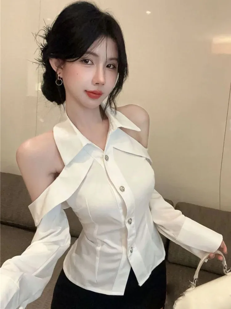 

Sexy Halter Off Shoulder Long Sleeve Shirts Women Lapel Slim Fit Waist Backless Crop Top Korean Simple Solid Blouse Ins