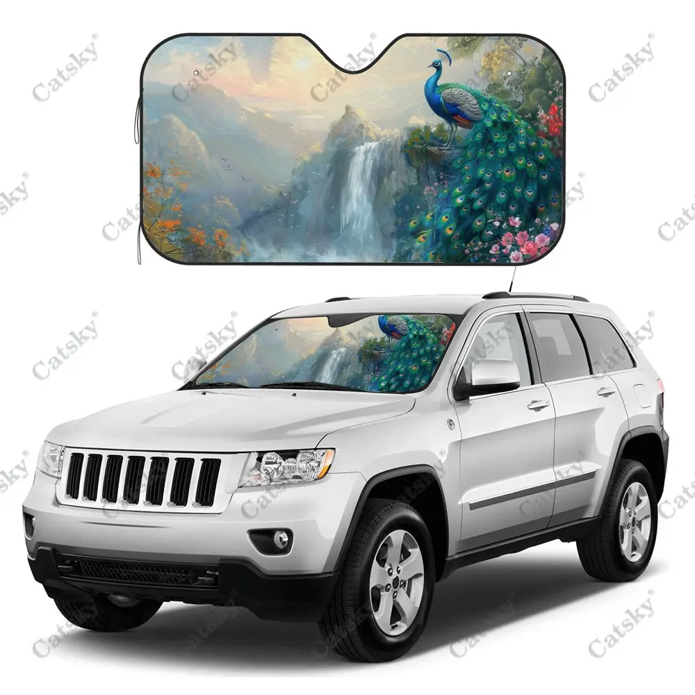 Peacock Landscape Painting Car Windshield Sunshade, Auto Accessories Front Windshield Sun Visor Blocks Uv Rays Protect Decor