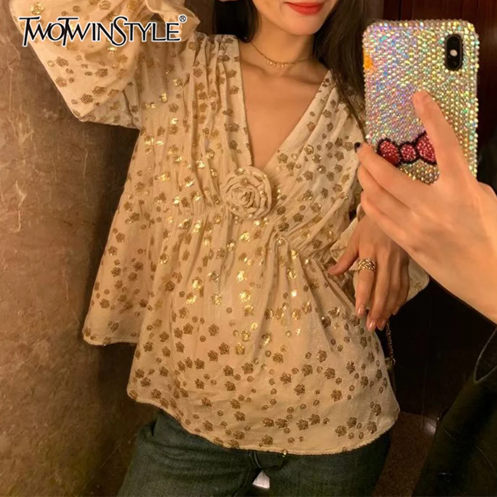 

TWOTWINSTYLE Champagne Spliced Sequins Basics Shirt Female V Neck Long Sleeve Loose Casual Women's Shirts Summer Style Fashion
