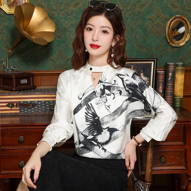 

Vintage Printed Women's Blouses Spring/Autumn New Satin Shirts Loose Long Sleeves Tops Korean Women Clothing Sales