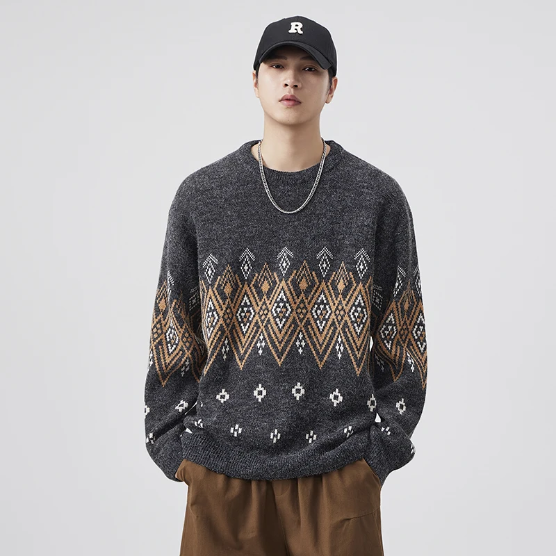 

Мужской темно-серый бриллиант, винтажный модный свободный повседневный пуловер, вязаный свитер, джемпер больших размеров, трикотажные свитера, топы