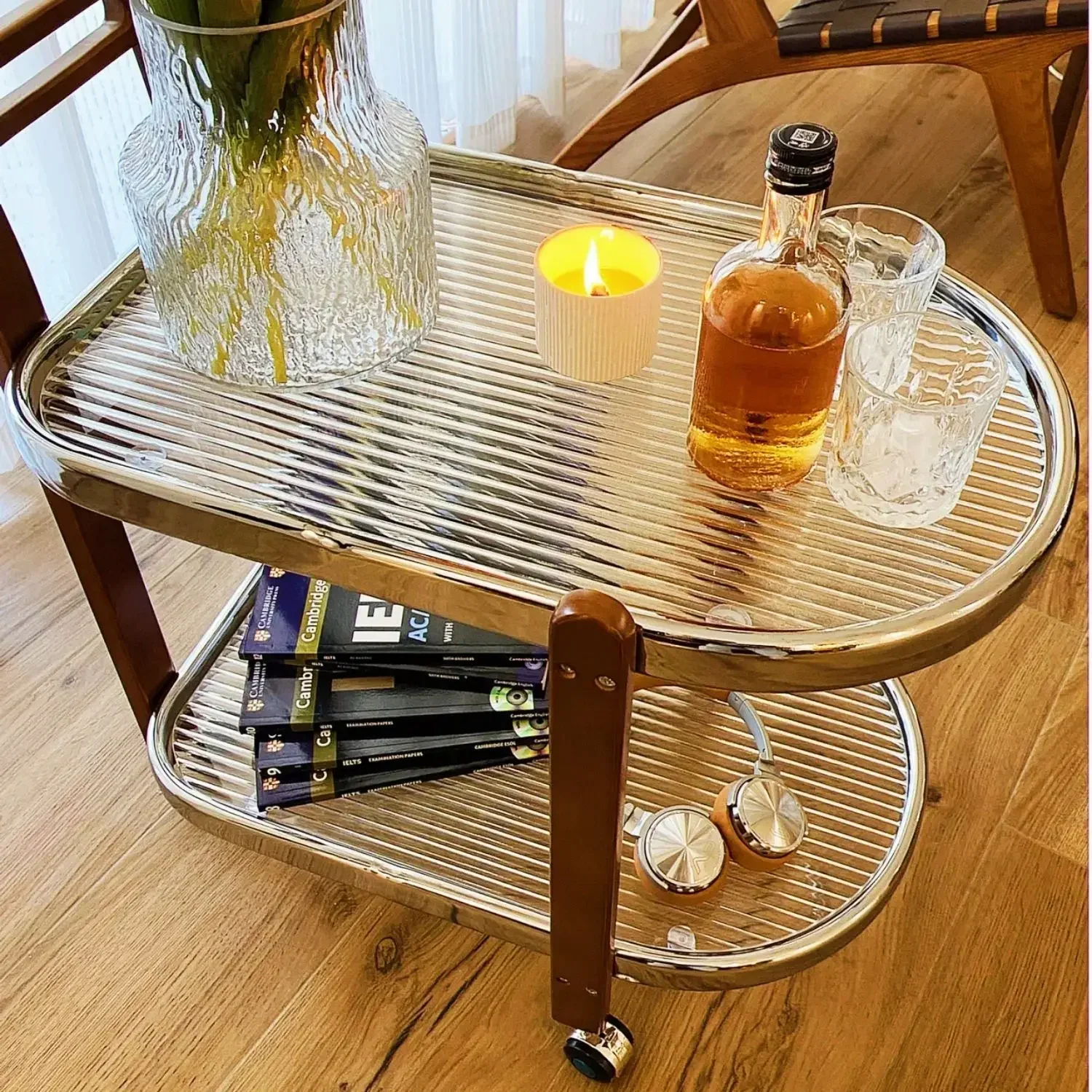 Nordic End Table Solid Wood Movable Trolley Home Living Room New Glass Tea Table Ins Multifunctional Dining Car Storage Rack